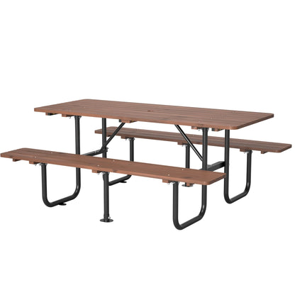 72" Rectangular Outdoor Picnic Table for 6 Person,Heavy Duty Wooden Dining Set with Built-in Benches,Metal Legs,1.97" Umbrella Hole,Waterproof&Corrosion-Resistant,Ideal for Garden, Backyard,Brown