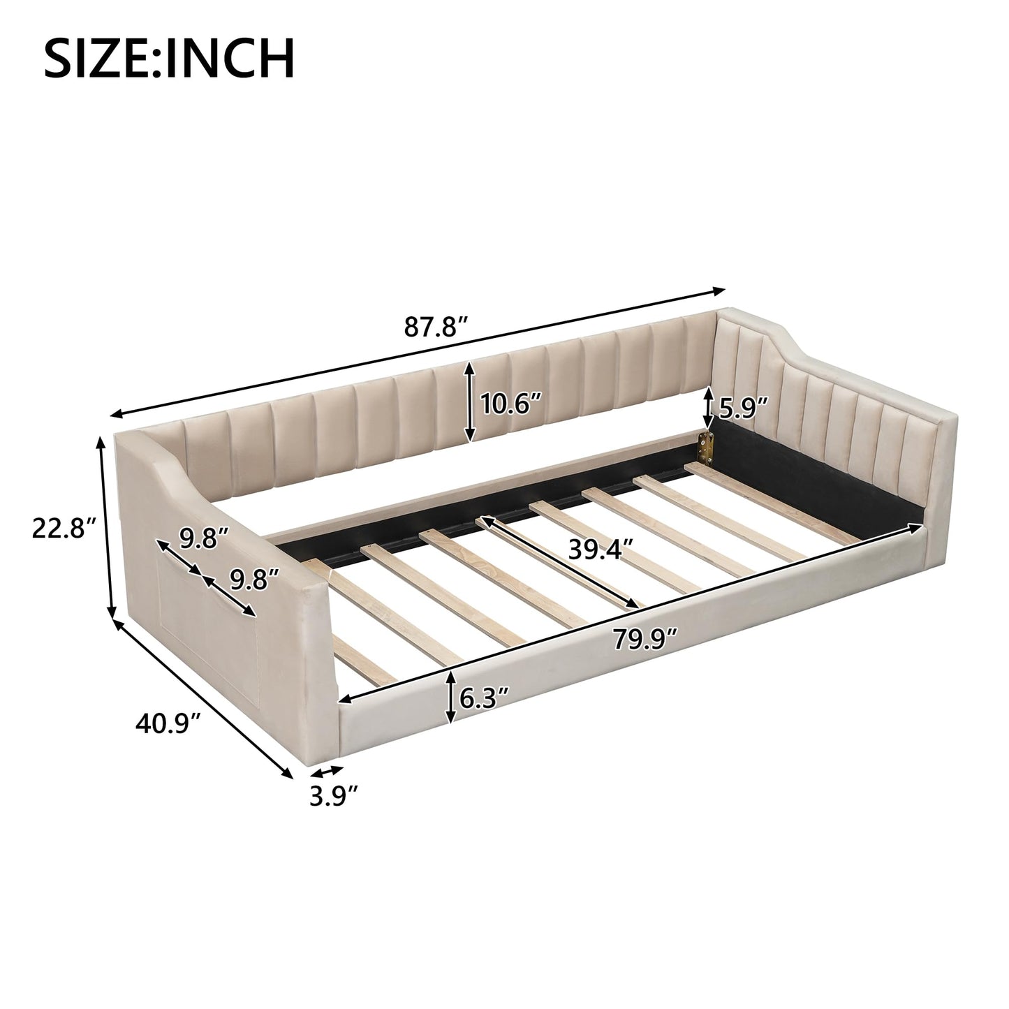 DNYN Twin XL Upholstered Daybed with Storage Pocket for Kids,Adults,Pinewood Bedframe w/Wood Slat Support,Easy Assembly & No Box Spring Needed, Beige