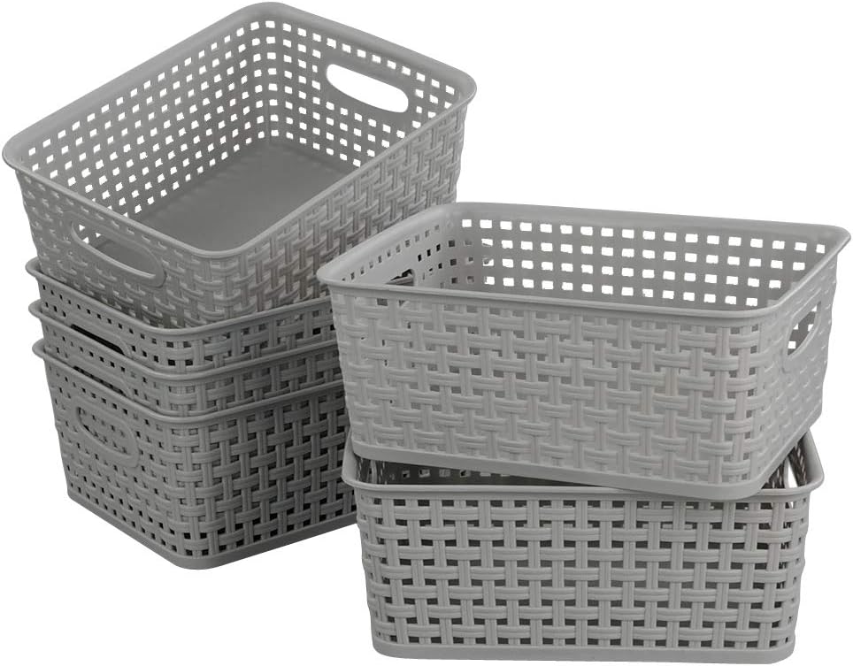 6-Pack Plastic Storage Organizer Basket, Slightly Gray, 10.04"L x 7.48"W x 3.95"H