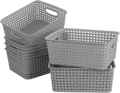 6-Pack Plastic Storage Organizer Basket, Slightly Gray, 10.04"L x 7.48"W x 3.95"H
