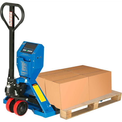 Global Industrial Low Profile Pallet Jack Scale Truck with 27" W x 48" L Forks, 5000 Lb. Capacity, Manual Duty Truck for Warehouse, Manufacturing and Loading Docks