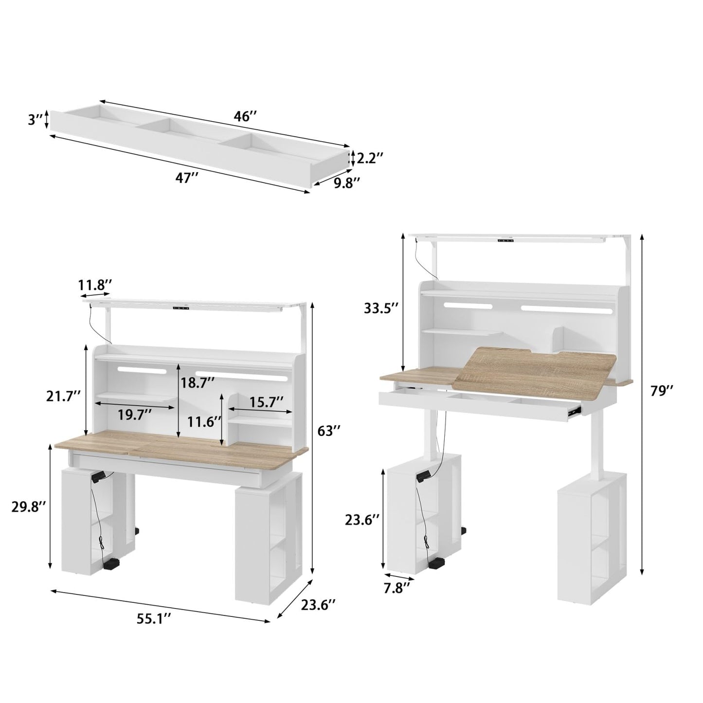 MOUMON 55" Electric Standing Drafting Table with Lights and Tiltable Desktop, Height Adjustable Drawing Table with Memory Presets, Drawer and Side Shelves, White and Oak 55.1" W x 23.6" D x 63"-79" H