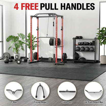 ExploreHorizon All-in-1 Power Cage with Pulley System, 1200LBS Multi-Functional Squat Rack for Home Gym, Weight Cage Includes LAT Pulldown, Dip Bars and More Attachments