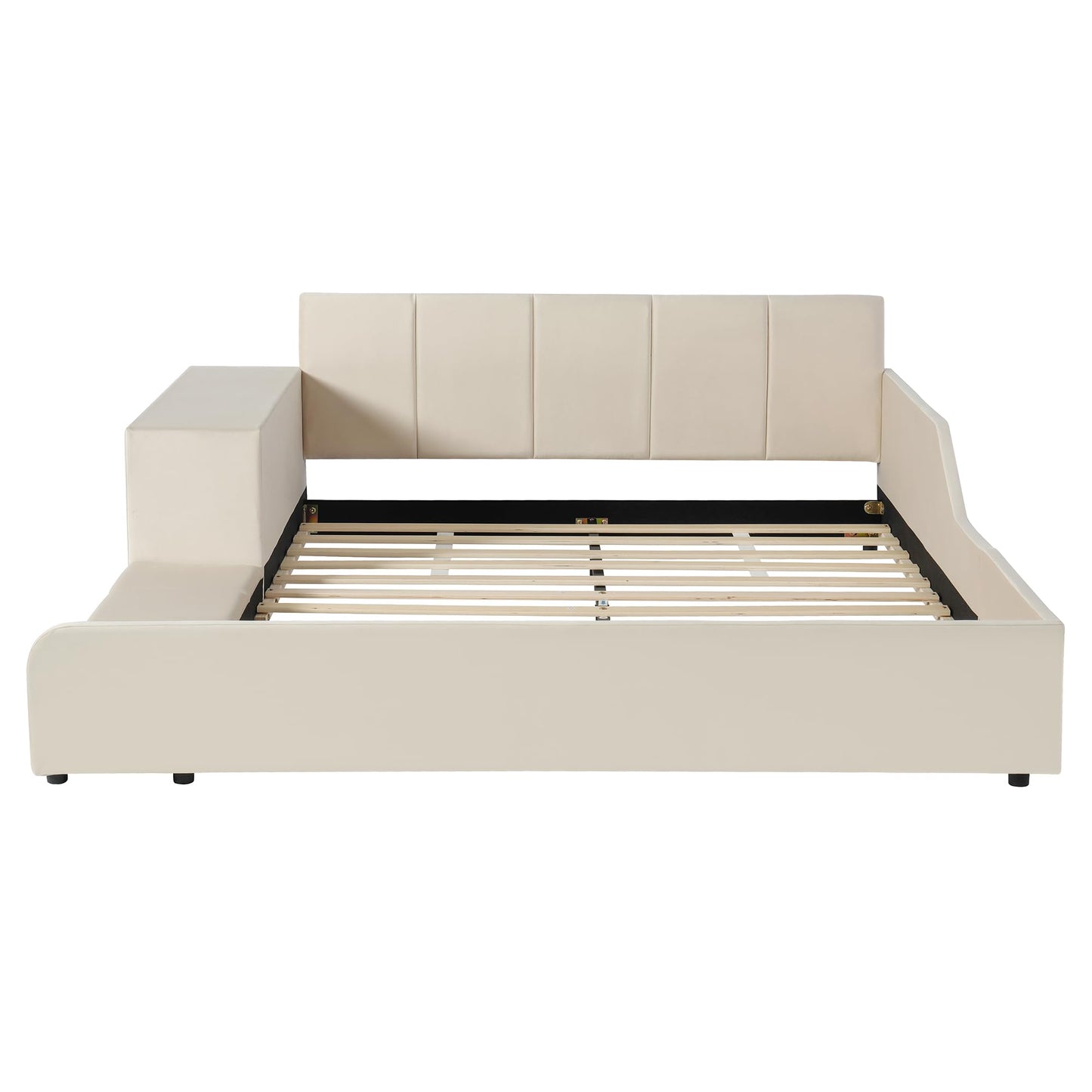 Merax Queens Size Velvet Bed Frames Upholstered Grounded Bed, Wooden Mother & Child Bed with Bedside Desk and Little Round Stool,Kids Adults Bedroom Floor Platform Bed,Beige
