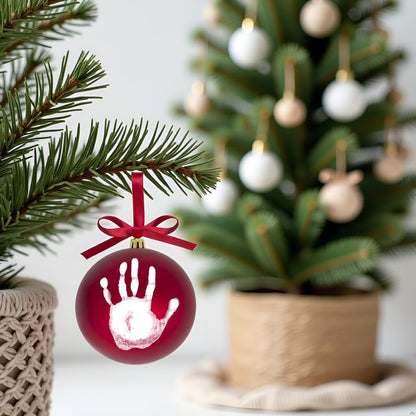 Tiny Ideas Christmas Baby's Handprint Ball Ornament - DIY Classic Christmas Tree Keepsake Gift, Red