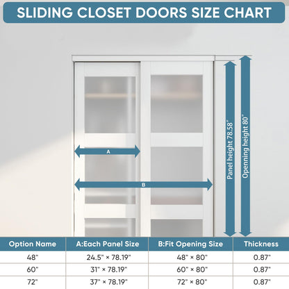 JUBEST Sliding Closet Door 60"(Double 31") x 80", 3-Lite Frosted Glass Bypass Door with Hardware Kit & Matching Fascia, Pre-Drilled Solid Wood Slab with Water-Proof PVC Surface, Easy to Install, White