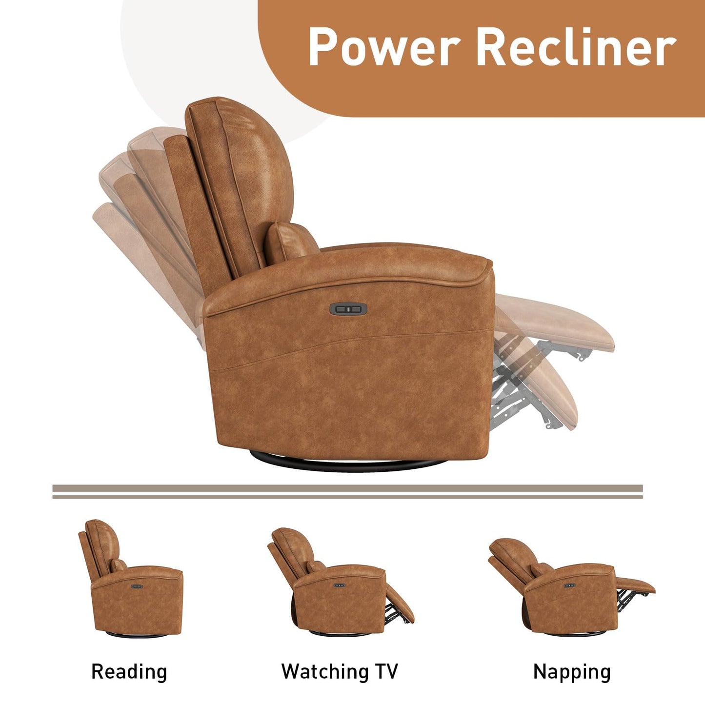 Bonzy Home Power Swivel Rocker Recliner Chair with USB Port, 23.2" Wide Seat, Fixed Lumbar Support, Upholstered Glider Chair for Nursery Living Room, Brown