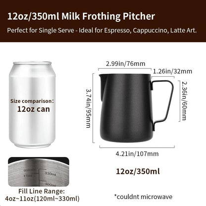 watchget Milk Frothing Pitcher 350ml/600ml/900ml/1500ml (12oz/20oz/32oz/52oz) - Stainless Steel Espresso Steaming Pitcher for Cappuccino, Latte Art, Milk Jug Coffee Frother Cup, Black