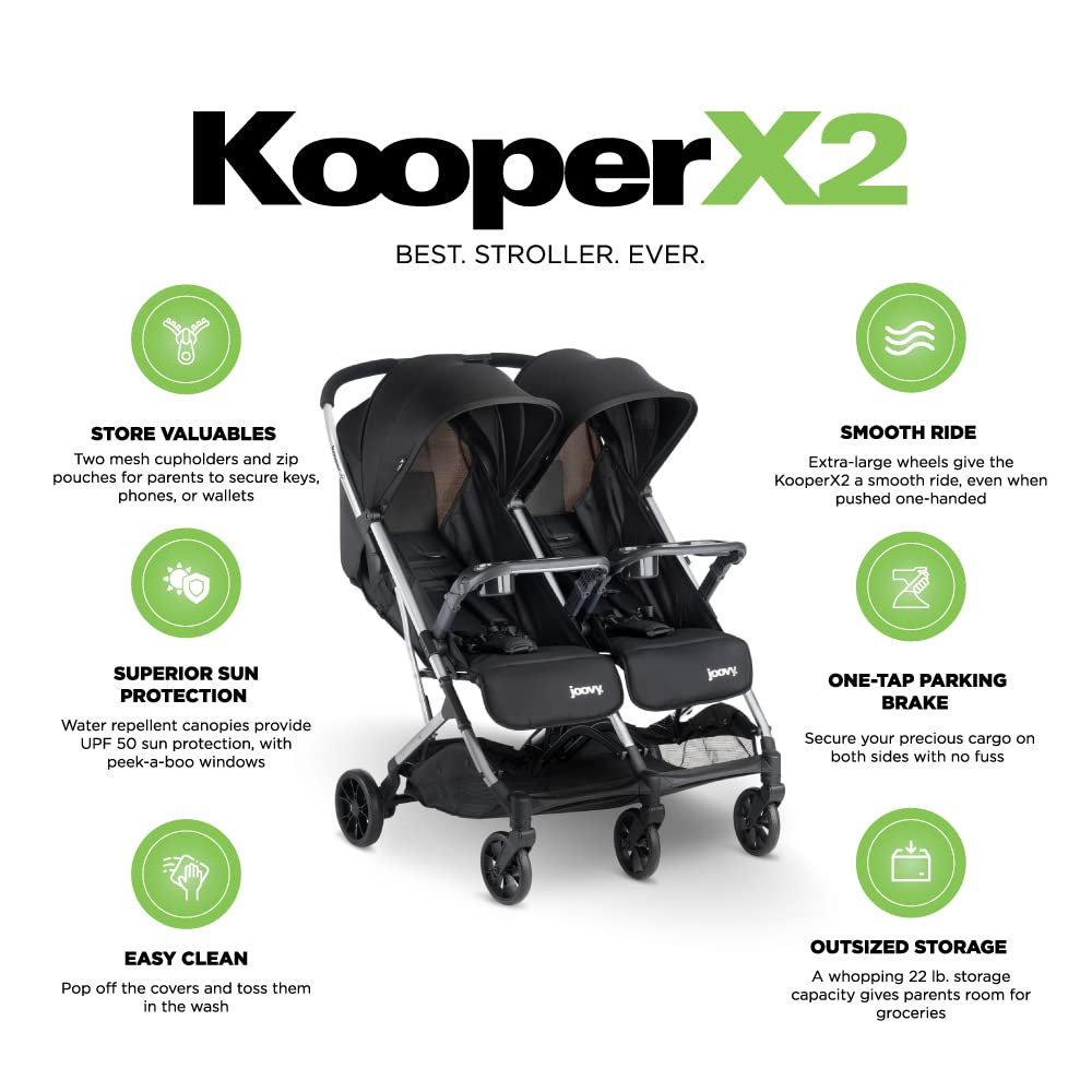 Joovy Kooper X2 Double Stroller, Lightweight Travel Stroller, Compact Fold with Tray, Black