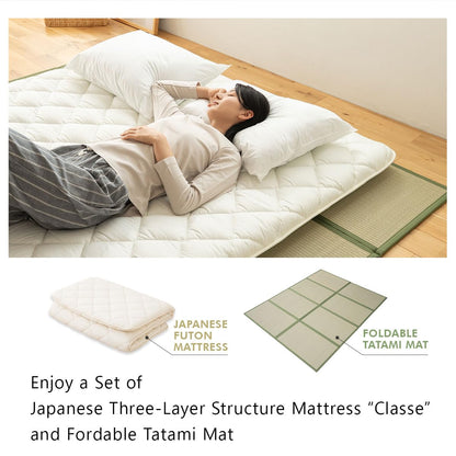 EMOOR Japanese Futon Mattress Premium CLASSE and Tatami Mat Set Full, Floor Sleeping Mat Sikibuton Igusa Natural Cotton