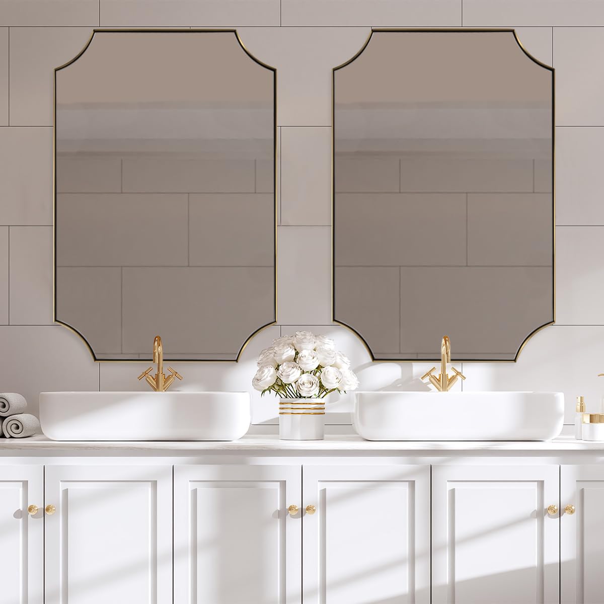 ANDY STAR 30x40 Inch Brushed Gold Mirror, Gold Scalloped Bathroom Mirror, Unique Rectangle Mirror in Never-Rust Stainless Steel Metal Frame, Wall Mount Vertical or Horizontal