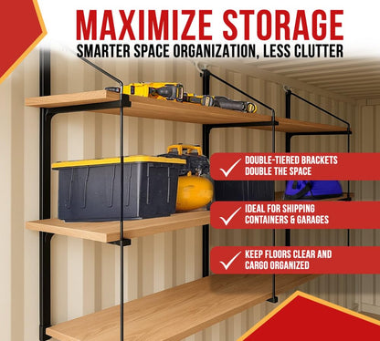 Mytee Products 4 Pack of 3 Tier Shipping Container Shelving Bracket with 18"(D) x 60"(H) - Black Powder Coated Steel Shelf Brackets for Heavy Duty Trailer Containers - Easy to Assemble & Remove