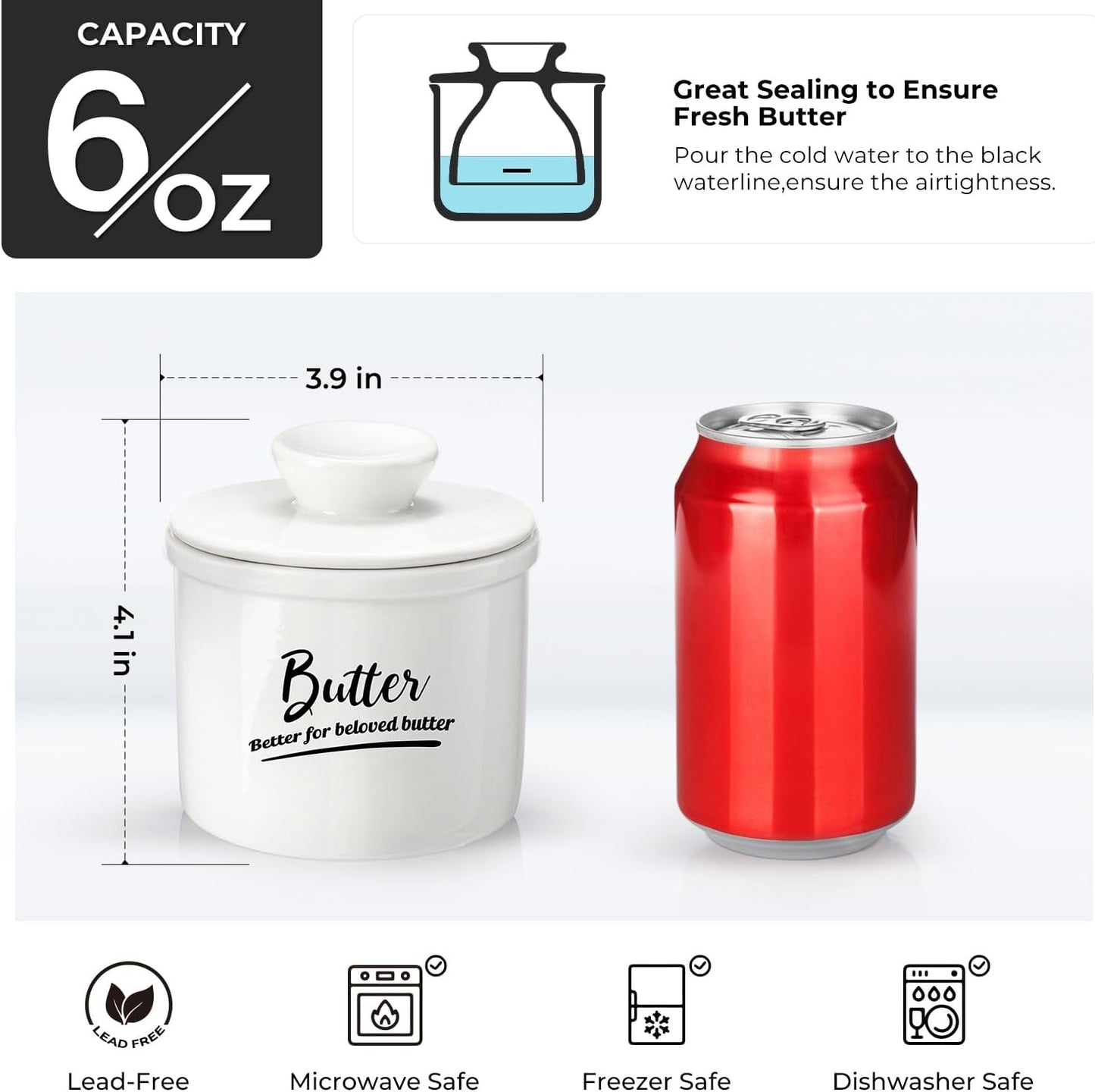 Butter Crock French Butter Dish with Lid and Knife for Countertop - Keeps Butter Soft and Fresh for 2-5 Weeks, White