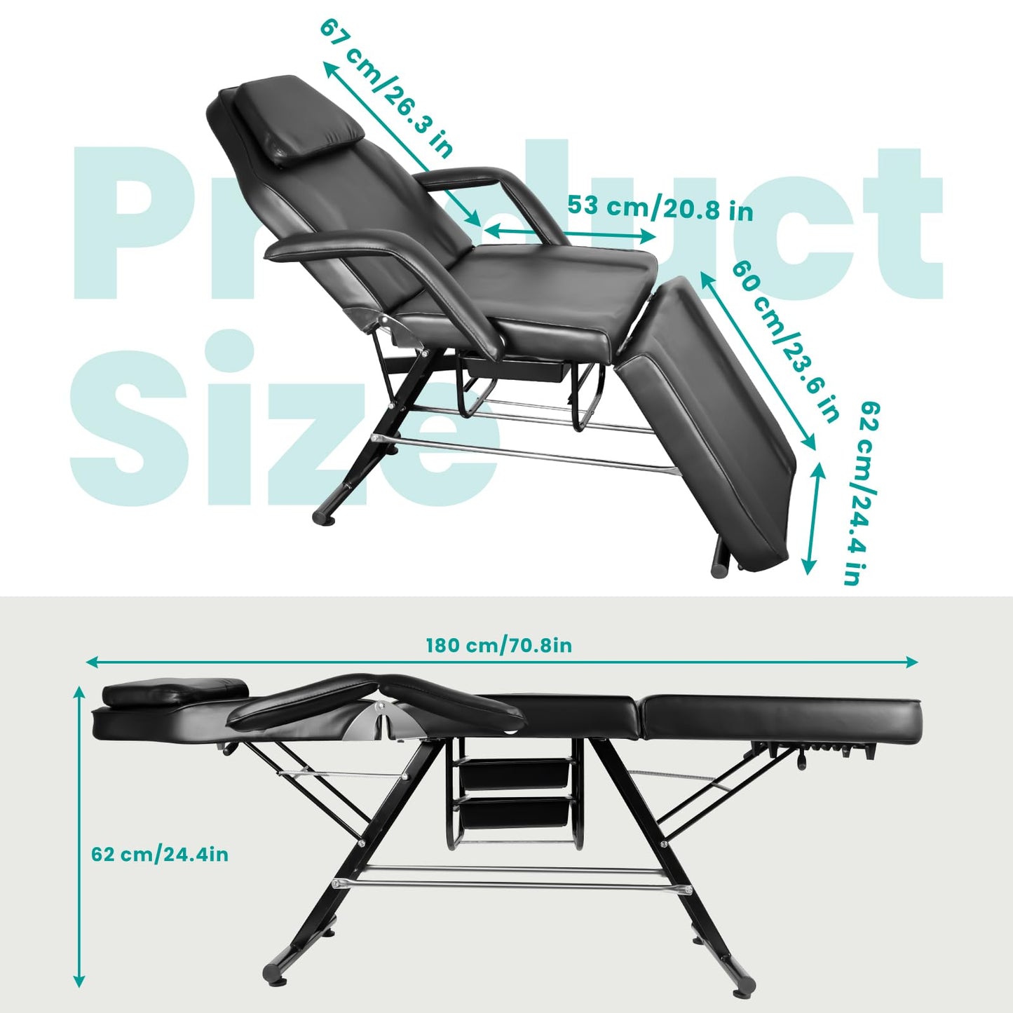 Professional Tattoo Chair for Client, Heavy Duty Facial Bed and Esthetician Massage Table with Hydraulic Rolling Stool & Storage Baskets, Multi-Purpose Lash Bed for Salon Spa Beauty Equipment, Black