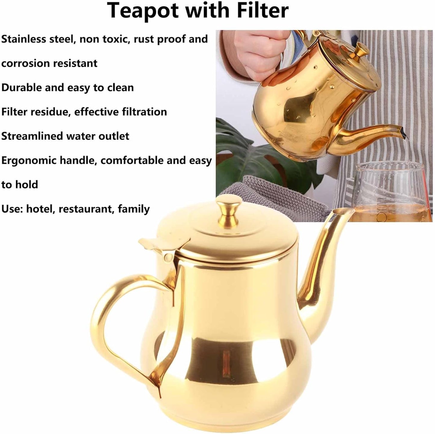Tea Kettle, 500ml Stainless Steel Teapot with Filter, Proof Oil Strainer Pot for Hotels, Restaurants, Homes (Gold)