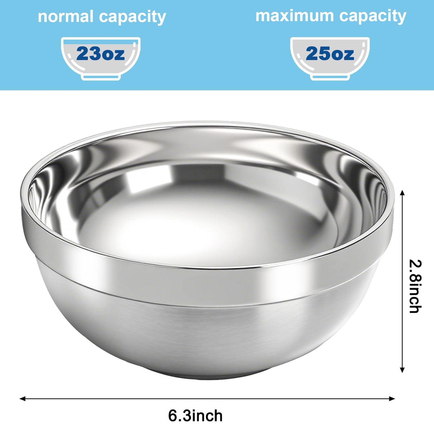 yarlung 10 Pack Stainless Steel Bowls 6.3 Inch Snacks Bowls, 25 Oz Soup Bowls Lightweight Salad Bowls Double-walled Metal Serving Dishes for Sauces, Noodle, Ice Cream