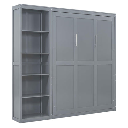 Merax Space-Saving Gray Murphy Bed Queen Size with Adjustable Storage Shelves, Multifunctional Foldable Wall Bed for Small Spaces Studio Study Office Guest Room