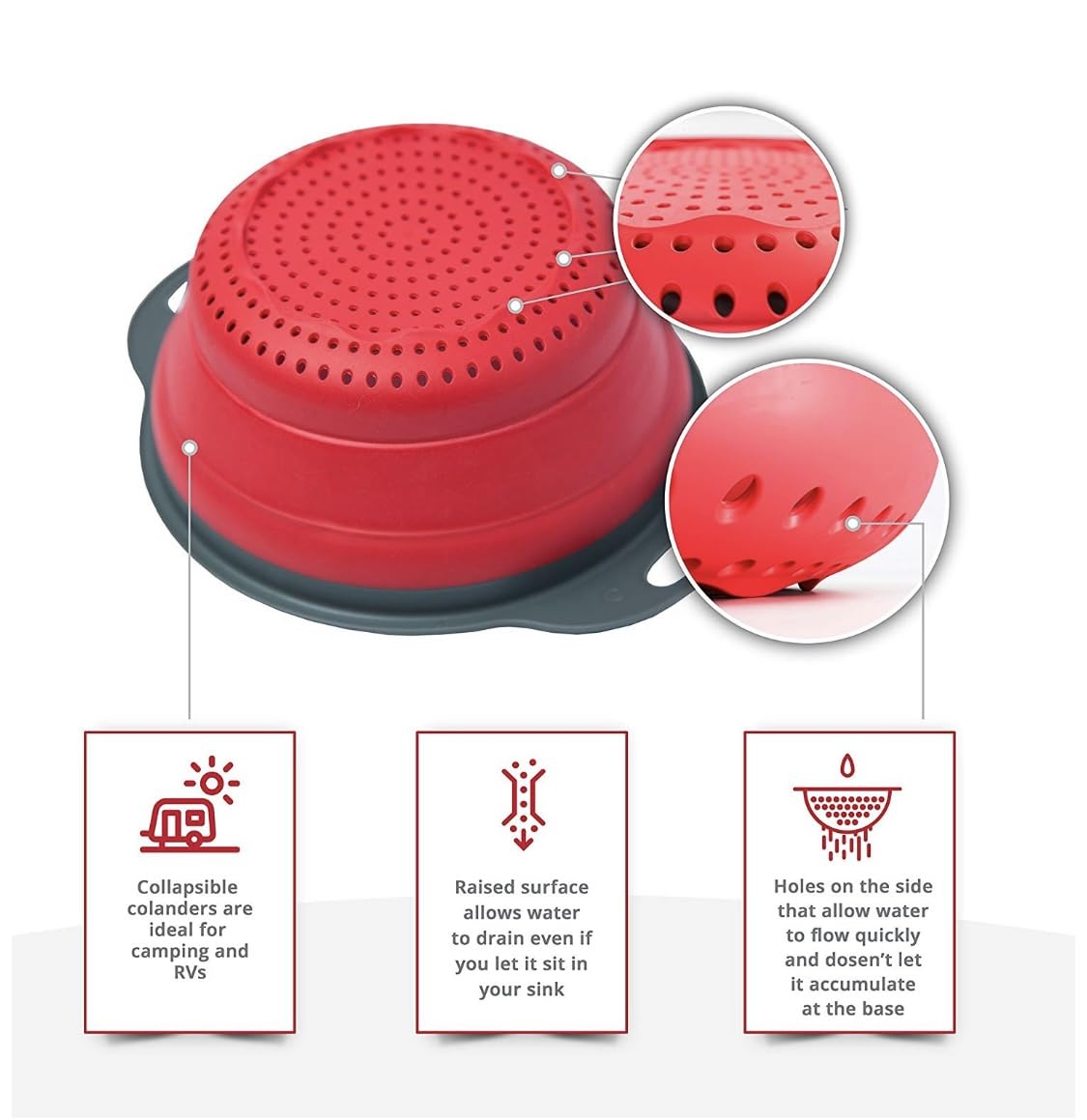 New and improved- Set of 3 Niklye Ultimate Kitchen Strainers—1×10” & 2×12” Collapsible Silicone Colanders. Now more durable and robust for everyday use with pasta, veggies, fruit & more.