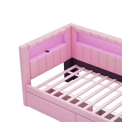 Bellemave Twin Size Upholstered Daybed with Drawers and USB/LED Belt, Corner Bed with Drawers. L-Shape daybed for Bedroom Living Room, Pink（Linen）