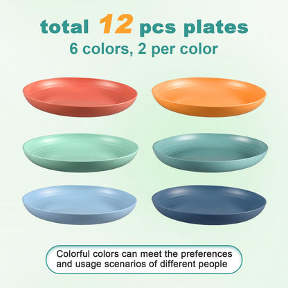 HEYCOME 12 Pcs Unbreakable Deep Dinner Plates Set, 10 inch Reusable Plastic Wheat Straw Plates, Microwave and Dishwasher Safe Plate for Kitchen, Lightweight Plate for Dessert, BPA Free, 6 Colors