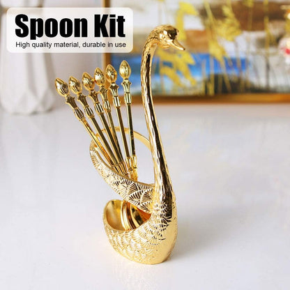 6pcs Coffee Spoon Set, Stainless Steel Mini Dessert Teaspoons with Swan Base Holder, Gold