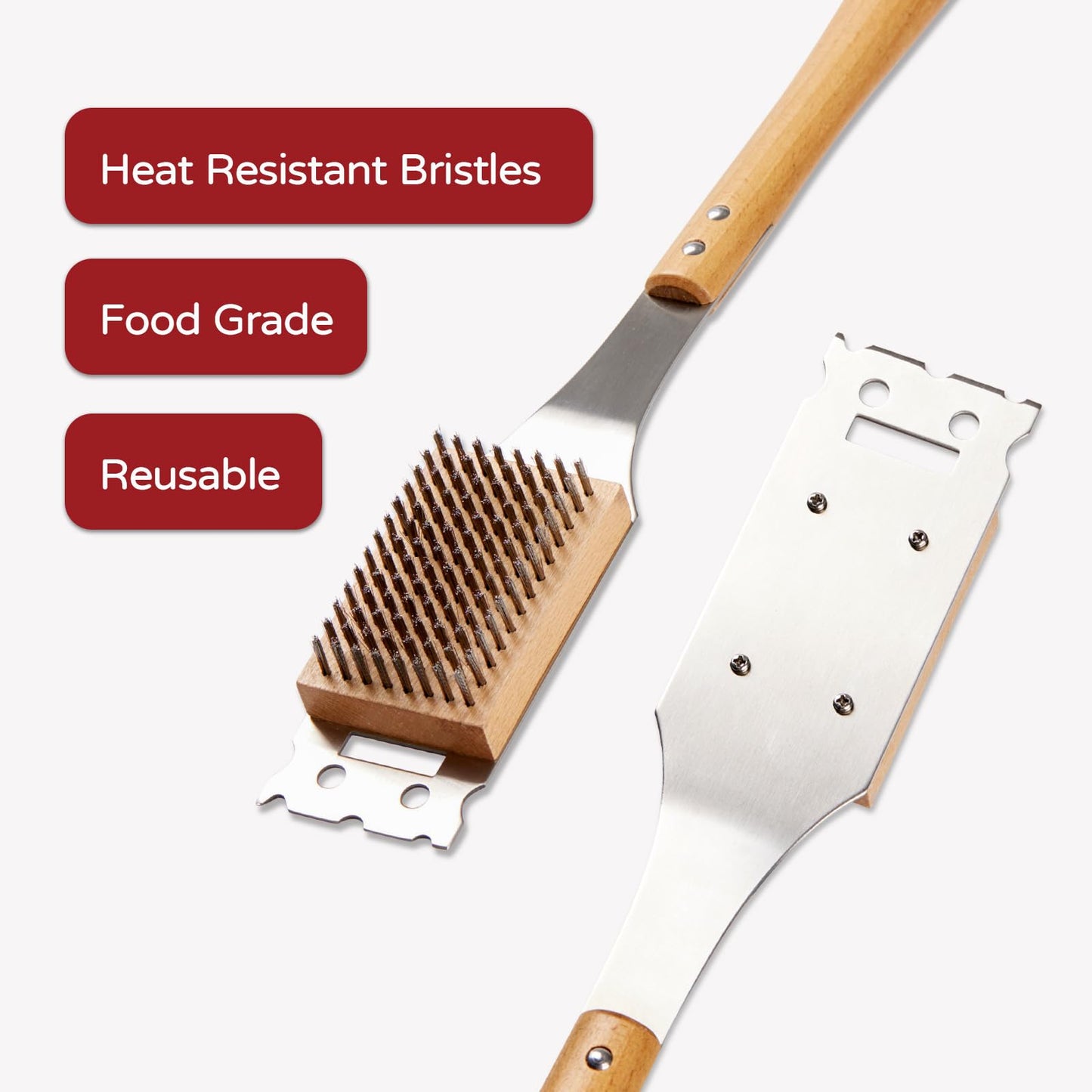 ROCKSHEAT Pizza Oven Brush, 16.9 Inch Grill Cleaning Brush with Scraper, Stainless Steel Bristles with Beech Wood Handle, 2 in 1 Pizza Stones Brush, Ourdoor Pizza Oven Accessories, Heat Resistant
