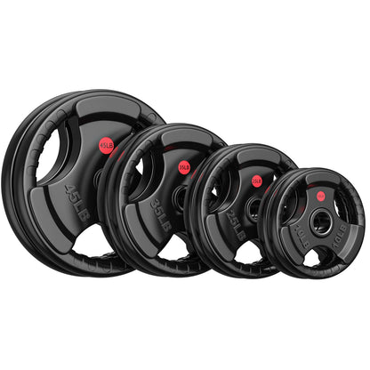 Gikpal Olympic Weight Plates, 2-Inch Three-Grip Rubber Coated Barbell Plates with Steel Hub, Cast Iron Weights for Strength Training & Home Gym, Pair or Sets (2.5–45LB)