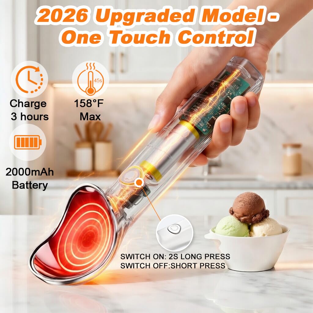 DLUCK Heated Ice Cream Scoop, Rechargeable Electric Ice Cream Scooper, Heats Up to 158°F for Hard Ice Cream, Gelato & Frozen Desserts (WHITE)