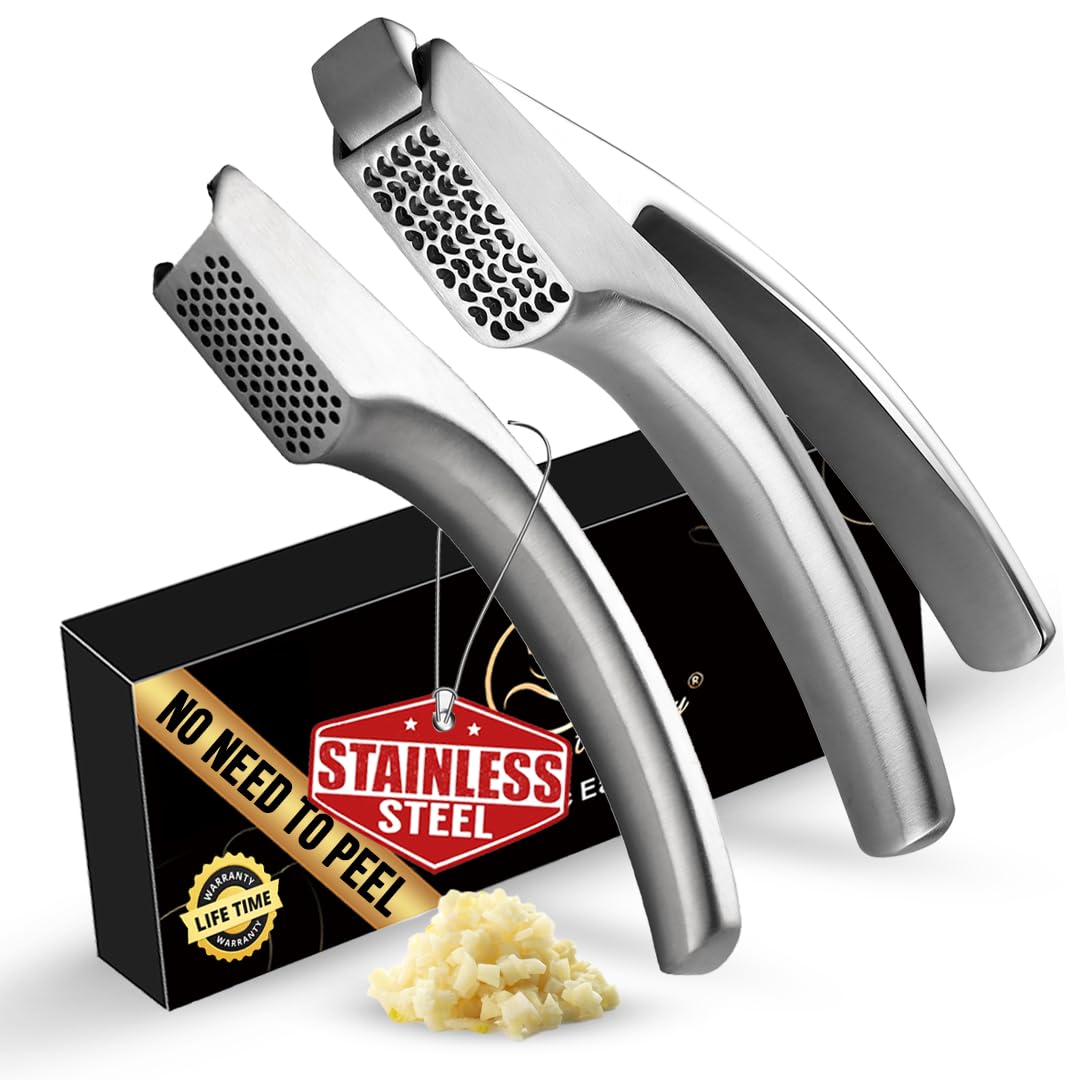 No Peeling Required Garlic Press Stainless Steel with Two Detachable Handles for Coarse & Fine Mincing-Premium Garlic Mincer Tool, Easy to Clean, Dishwasher Safe Garlic Crusher, Lifetime Replacement