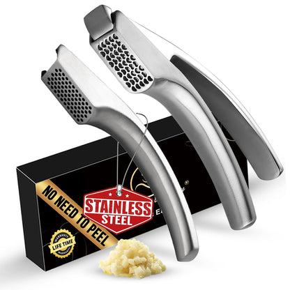 No Peeling Required Garlic Press Stainless Steel with Two Detachable Handles for Coarse & Fine Mincing-Premium Garlic Mincer Tool, Easy to Clean, Dishwasher Safe Garlic Crusher, Lifetime Replacement