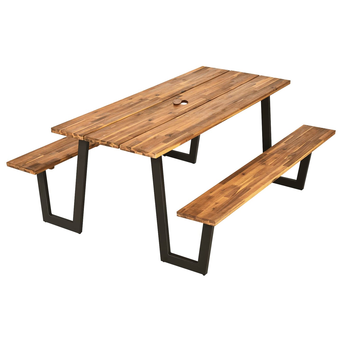 S AFSTAR 70" Outdoor Picnic Table, Heavy Duty Wooden Table and Bench Set with Umbrella Hole, All-Weather Acacia Wood Picnic Tables for 6, Garden, Backyard, Porch, Patio