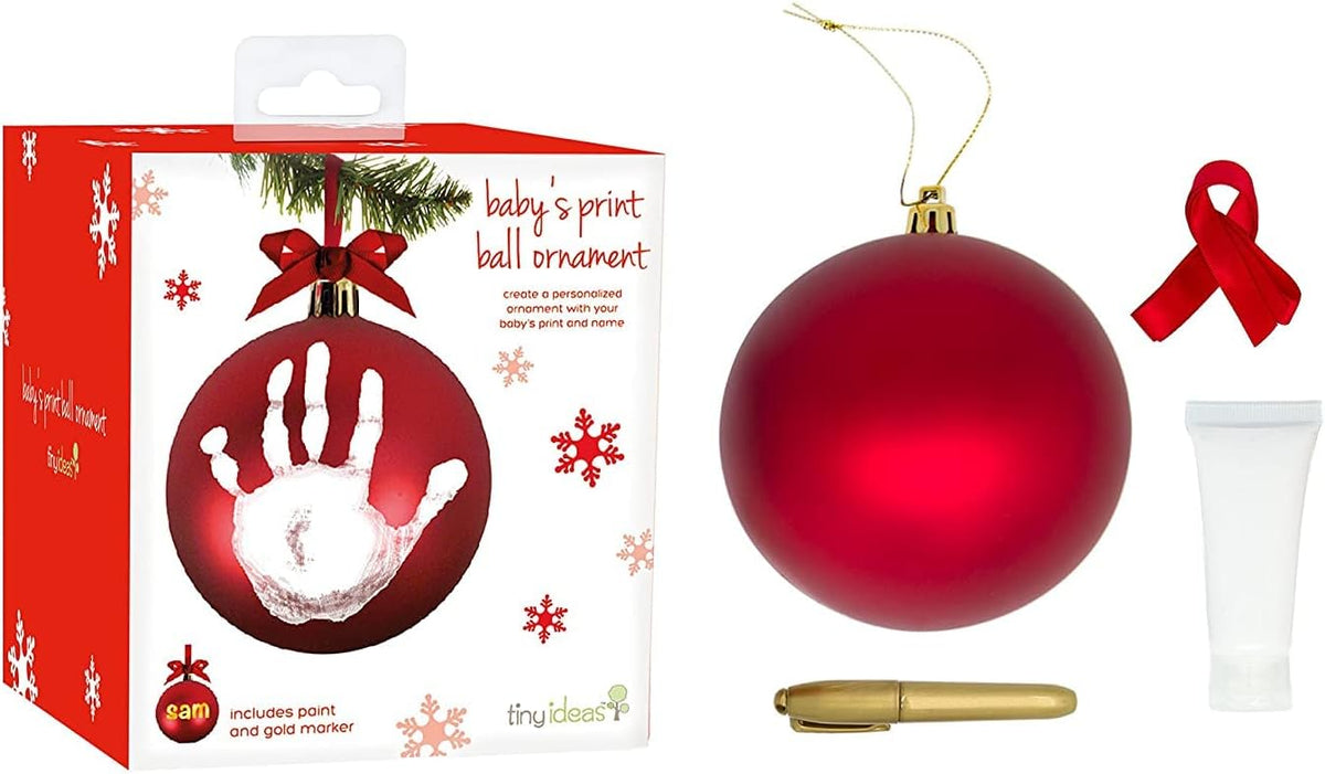 Tiny Ideas Christmas Baby's Handprint Ball Ornament - DIY Classic Christmas Tree Keepsake Gift, Red