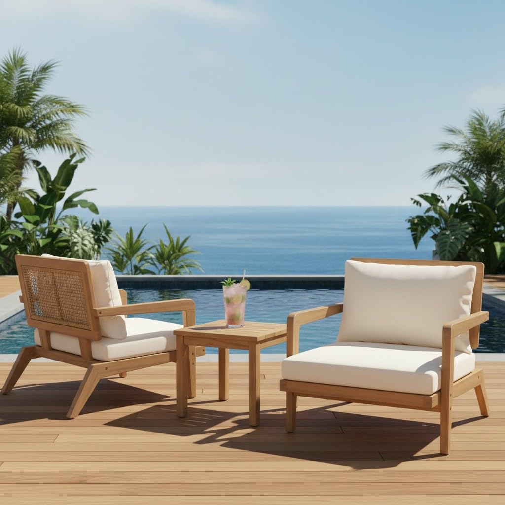 Christopher Knight Home Maeve Set of 2 Mid Century Modern Patio Furniture Acacia Wood Club Chairs, Outdoor Lounge Chairs, Relaxing Armchairs/Accent Chairs with Cushions for Patio, Light Teak+Beige