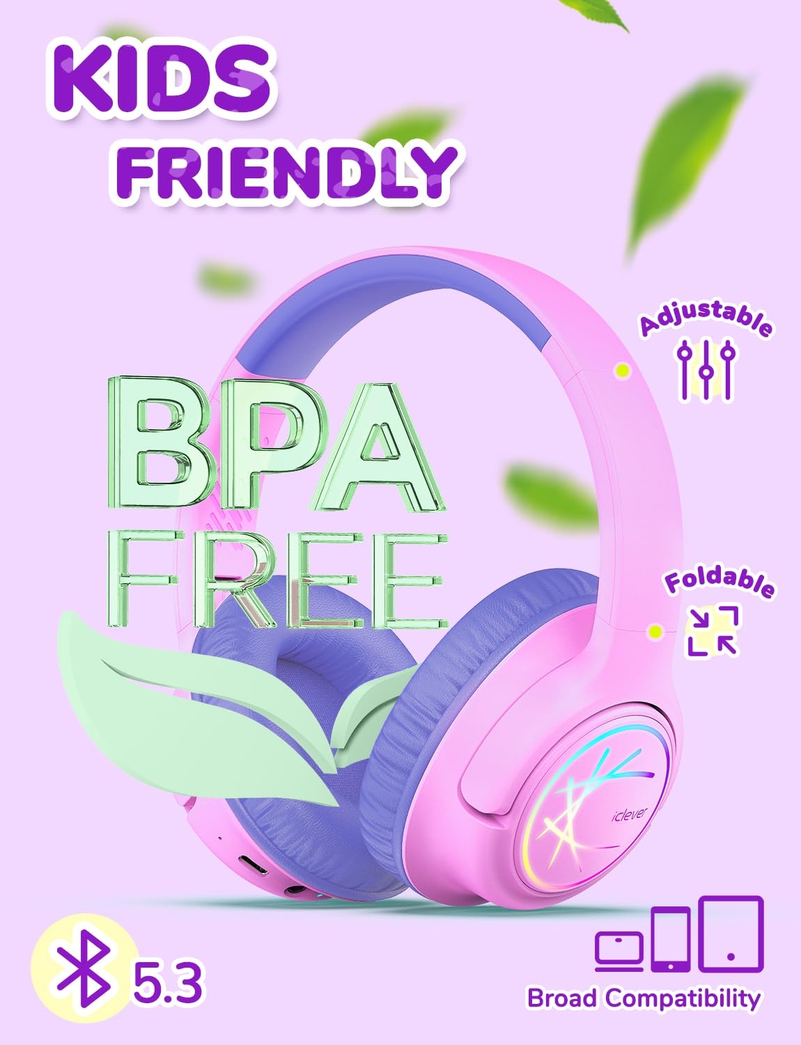 iClever Kids Bluetooth Headphones with LED Lights, BTH18 Safe Volume 74/85dBA, 43H Playtime, Bluetooth5.3 Kids Headphones Wireless Aux Cord for iPad/Tablet/Travel/School, Pink/Blue