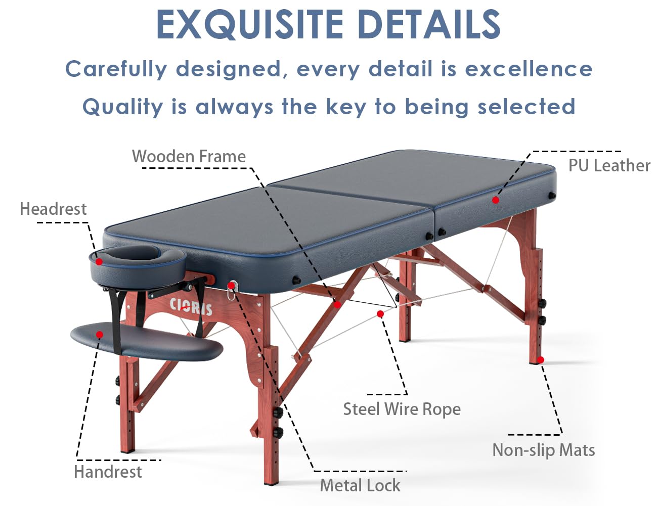 CLORIS 84" Professional Massage Table Portable Reinforced Wooden Leg Hold Up to 1100LBS 2 Folding Lightweight Spa Salon Tattoo Massage Bed Height Adjustable with Carrying Bag - Blue