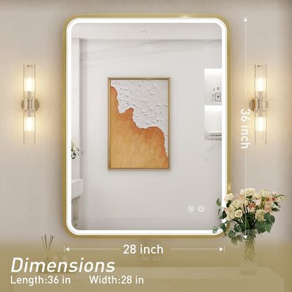 FTOTI 28x36 Inch LED Bathroom Mirror with lights,Wall Mounted Lighted Vanity Mirrors with Non-Rusting Gold Metal Frame Anti-Fog Memory Funtion Stepless Dimmable for Bathroom Decor(Horizontal&Vertical)