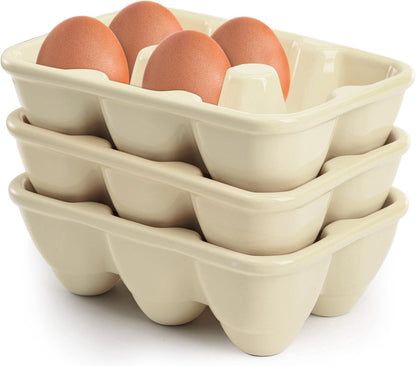 DEAYOU 3-Pack 18 Cups Ceramic Egg Tray - 6-Cup Porcelain Egg Holder Container for Countertop, Fridge, Kitchen