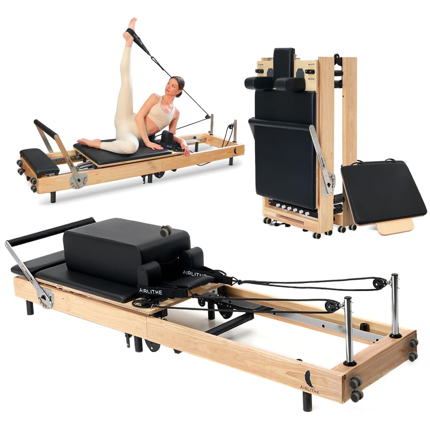 Airlithe Foldable Pilates Reformer Machine for Home Workouts – Wooden Pilates Reformer Equipment with 360° Wheels, Reformer Box, Jump Board & Foot Board | 70+ Guided Workouts