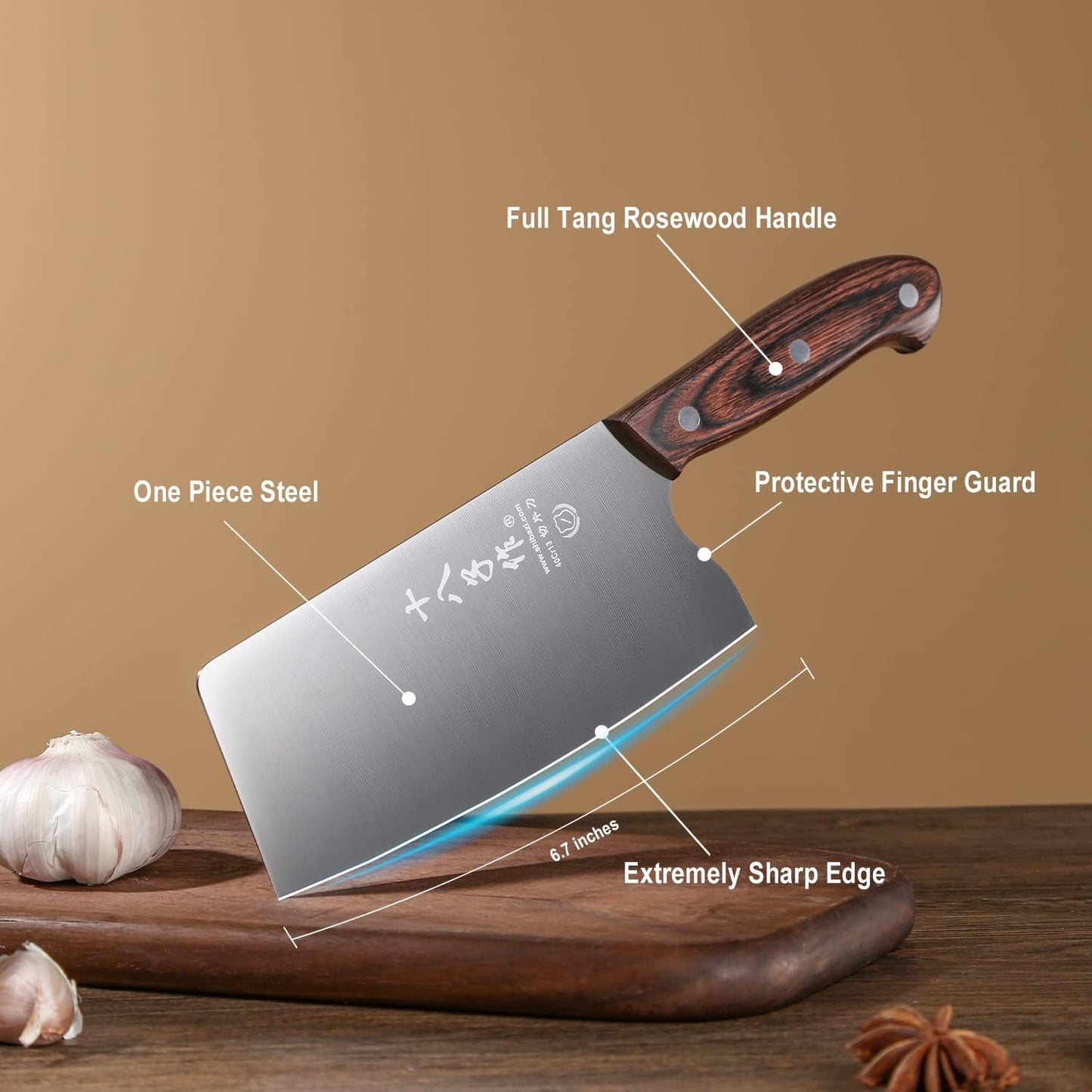 SHI BA ZI ZUO Chinese Meat Cleaver Knife - 6.7-Inch Stainless Steel Slicer with Wooden Handle