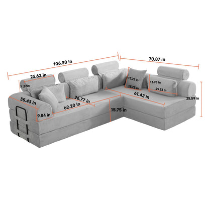 KEIKI 6-in-1 Folding Convertible High Back Sofa Sleeper, 106" Oversized Modular Sectional Corduroy Upholstered L Shape Couches for Living Room, Deep Cushion for Open Concept Living, Grayish Green