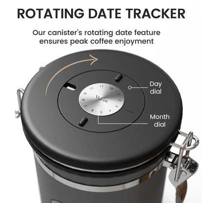 Veken Large Coffee Canister with Window, Kitchen Food Storage Airtight Stainless Steel Container for 2.2lbs Coffee Beans, Grounds, Rice,Tea, Flour, Cereal, Sugar Jars,Date Tracker and Scoop 39oz,Black