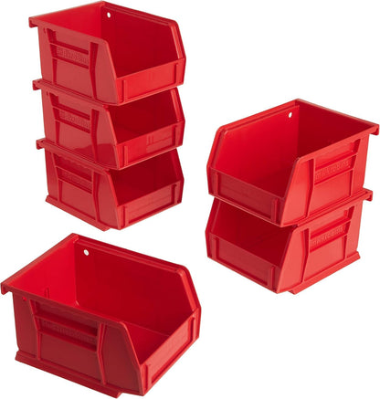 Akro-Mils 30210 AkroBins Plastic Storage Bins, Space-Saving Stackable Bins for Garage, Pantry, Craft Organization, 5" x 4" x 3", Red, 6-Pack