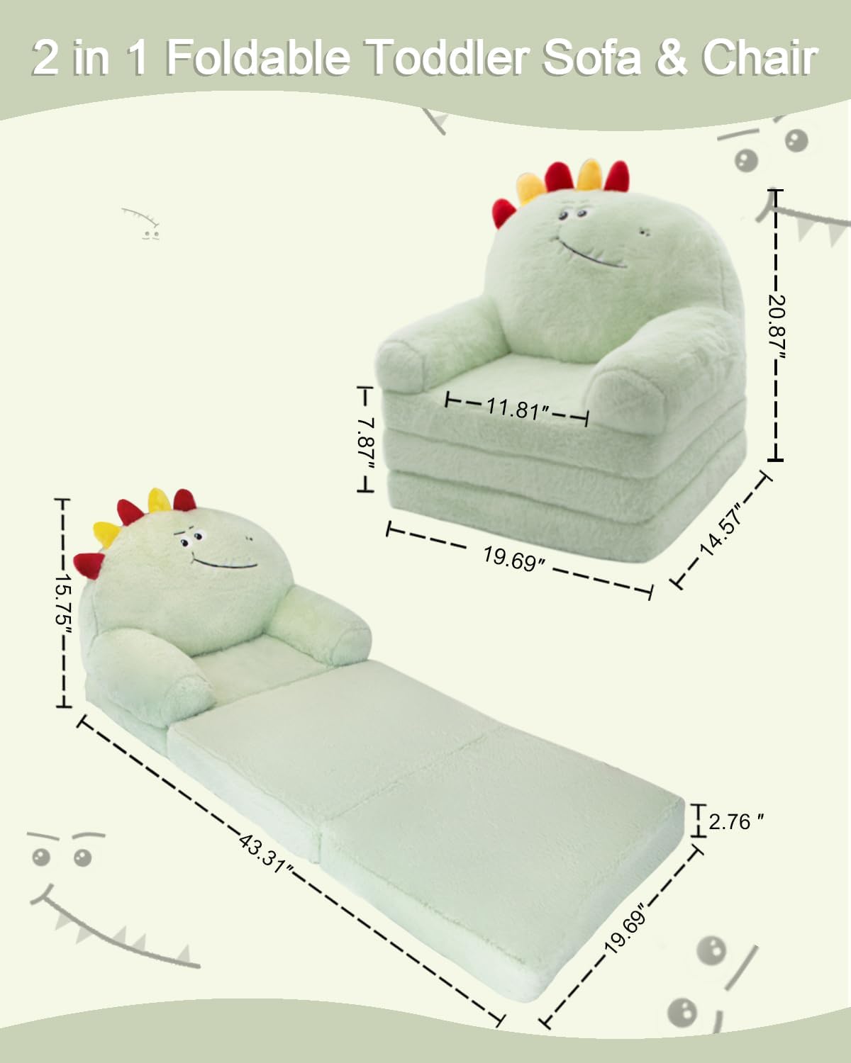 2-in-1 1-3 Toddler Chair Toddler Couch: Kids Chairs Comfy Kids Sofa Fold Out for Girls and Boys Years Old, Green