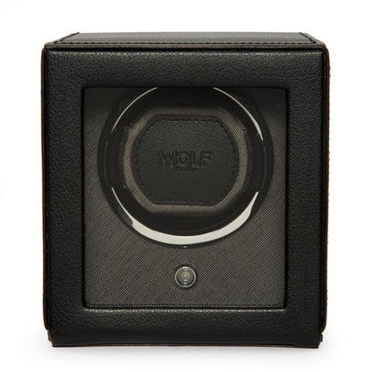 Wolf Cub Single Watch Winder with Glass Cover, Black - Secure Fit with Patented Lock-in Dynamic Cuff - Accommodates All Wrist Sizes - Vegan Leather - Includes Universal Adapter