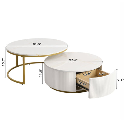 Merax Round Nesting Coffee Table Set of 2 with Storage Drawer and Marbling Tabletop, Perfect for Living Room Apartment, White
