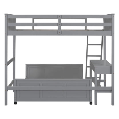 Merax Twin Over Full Bunk Bed with Desk,Wood Loft Bed Frame Saving Space for Boys,Girls,Teens,Grey