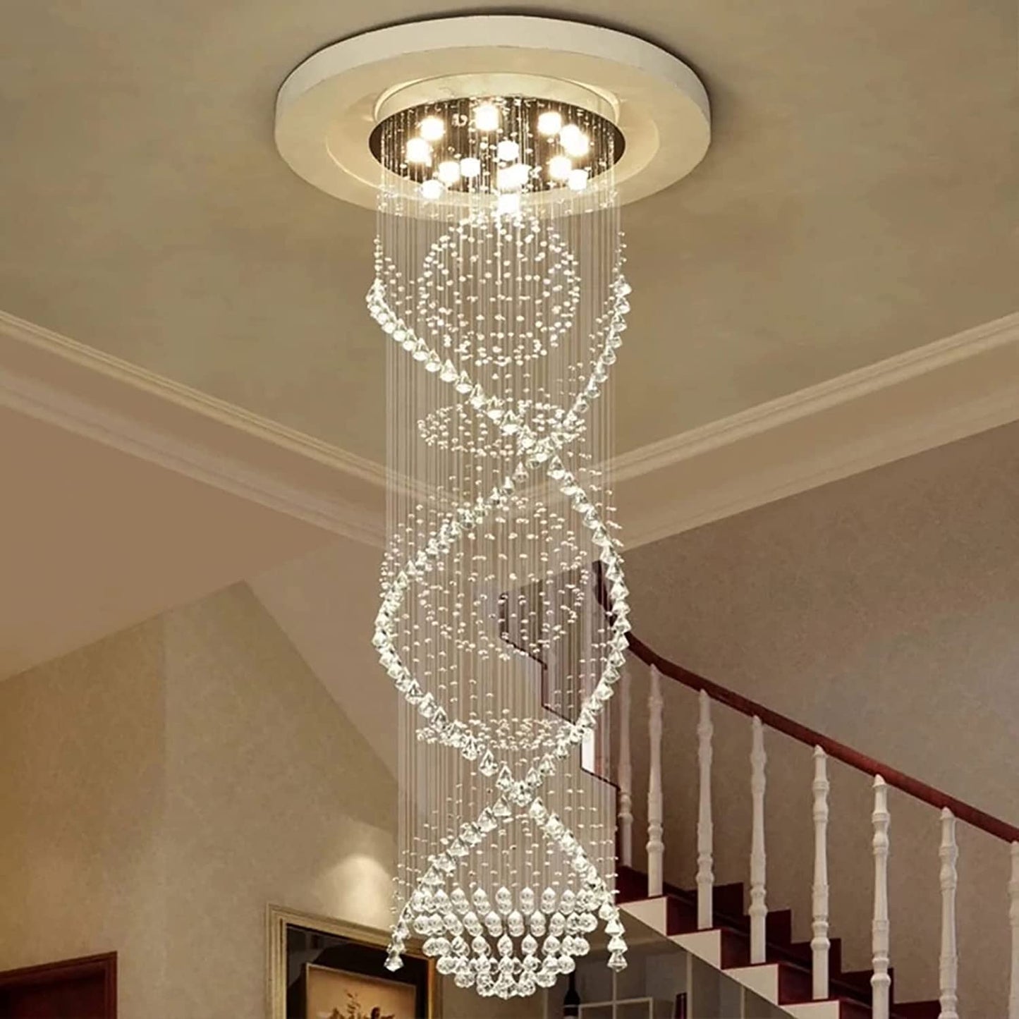 7PM Chandelier for Staircase, Crystal Foyer Chandelier High Ceiling, Modern Raindrop Chandeliers Flush Mount Ceiling Light Fixture for Spiral Staircase, Foyer, Entryway, High Ceiling W25.6 X H 98.4"