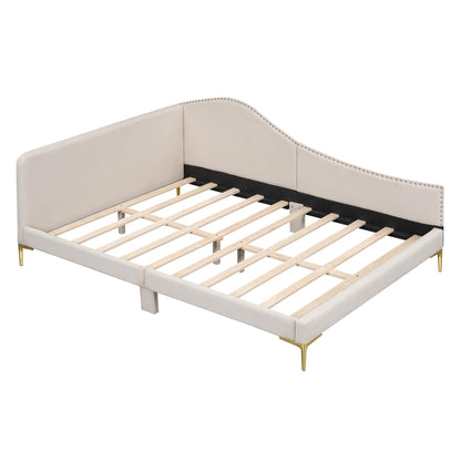 Jintop Full Size Upholstered Daybed with Backrest and Armrest,Modern Wooden Bed Frame,w/Support Legs,Slat Support,No Box Spring Needed,for Dorm,Apartment,Studio,Office,Beige