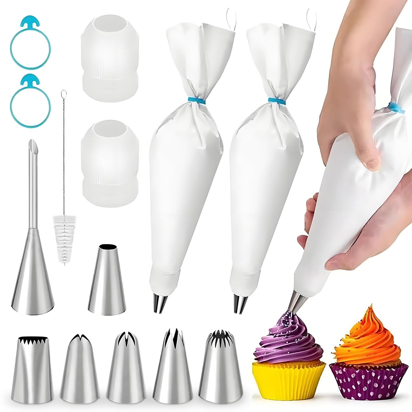 IOGOG Piping Bags and Tips Set – 2 Reusable Piping Bags, 7 Piping Tips, Couplers & Cleaning Brush, Heavy-Duty Leak-Proof Cake Decorating Kit for Beginners & Professional Bakers (14pcs)