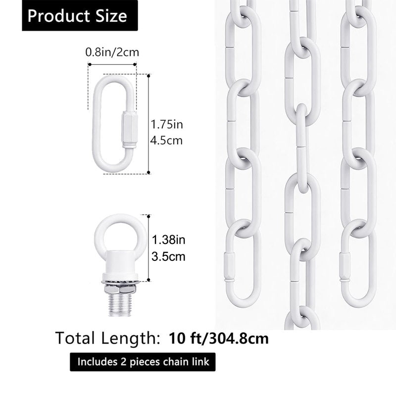 garini 10 Feet White Light Fixture Chain, Adjustable Metal Pendant Chandelier Chain Extension with Detachable Link, Maximum Load is 66 Pounds